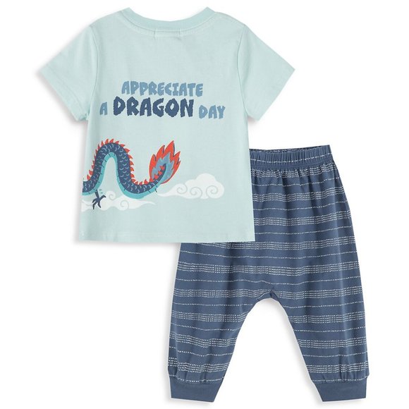 NEW Peek Baby Andre Dragon Print Light Dark Blue T-Shirt & Pants Set Stripe Dot - Picture 2 of 4